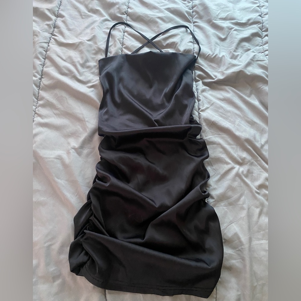 Draped Neck Ruched Detail Criss Cross Backless Satin Cami Bodycon Dress🖤🖤🖤